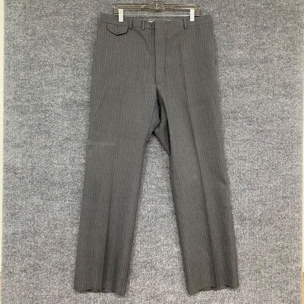 Mens Pinstripe Dress Pants 36x31 Gray Flat Front Flap Pocket Trousers USA Made